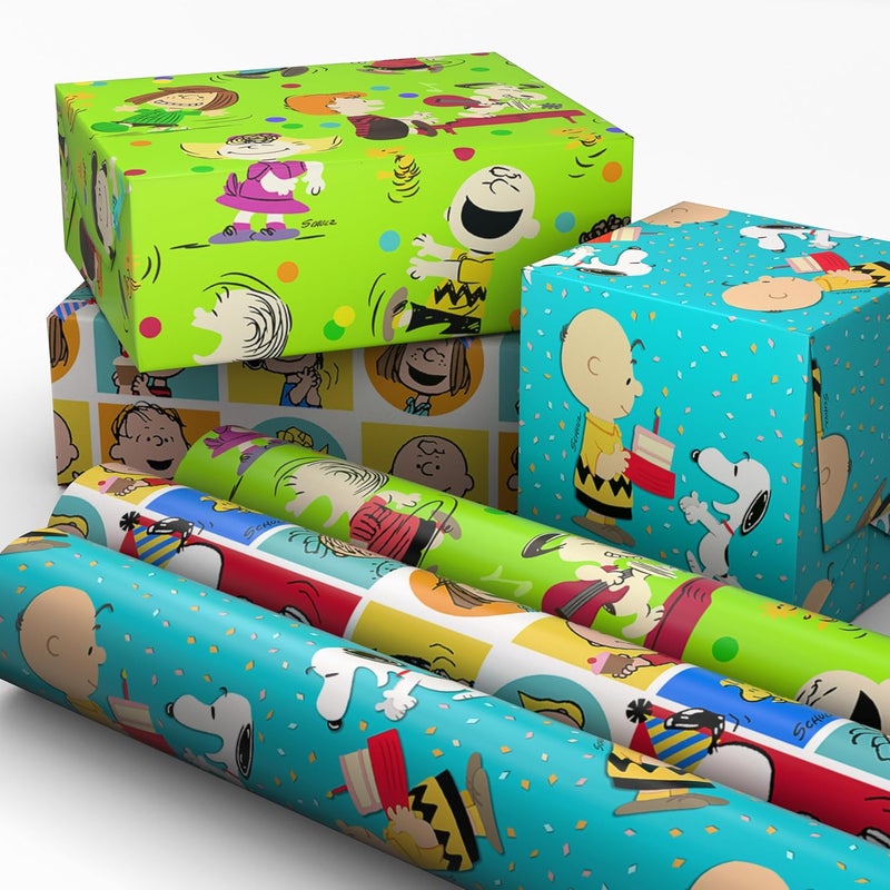 Hallmark Peanuts Wrapping Paper Rolls for Birthdays, Easter, Christmas (Set of 3 Rolls: 60 Sq. Ft. Total) Snoopy, Charlie Brown, Woodstock, Green, Blue, Red - Image 3