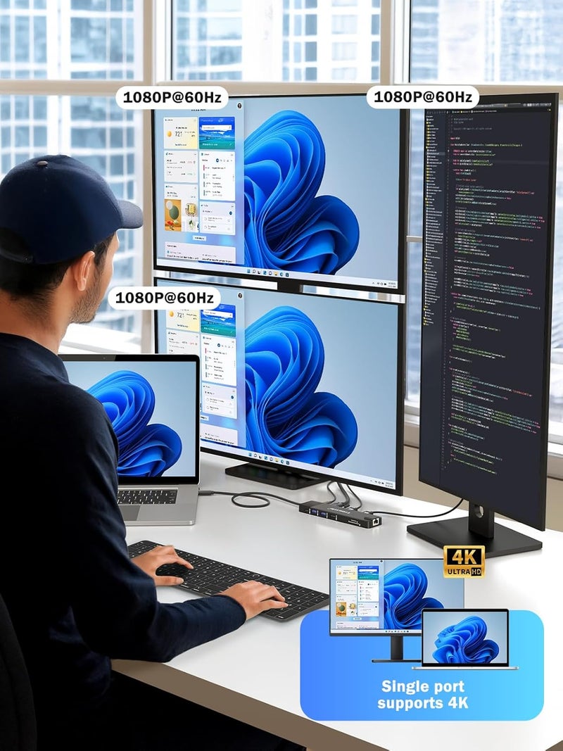 Lemorele محطة إرساء USB C 13 في 1 لشاشة ثلاثية، محول متعدد المنافذ مع HDMI مزدوج 4K، RJ45 1000M، VGA، 4 USB 3.0/2.0، USB C 3.0، 100W PD، SD/TF، صوت 3.5MM لأجهزة الكمبيوتر المحمولة من نوع C - Image 4
