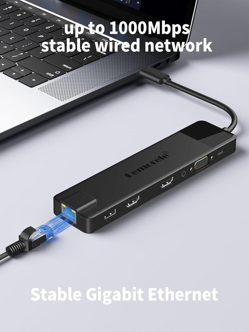 Lemorele محطة إرساء USB C 13 في 1 لشاشة ثلاثية، محول متعدد المنافذ مع HDMI مزدوج 4K، RJ45 1000M، VGA، 4 USB 3.0/2.0، USB C 3.0، 100W PD، SD/TF، صوت 3.5MM لأجهزة الكمبيوتر المحمولة من نوع C - Image 5
