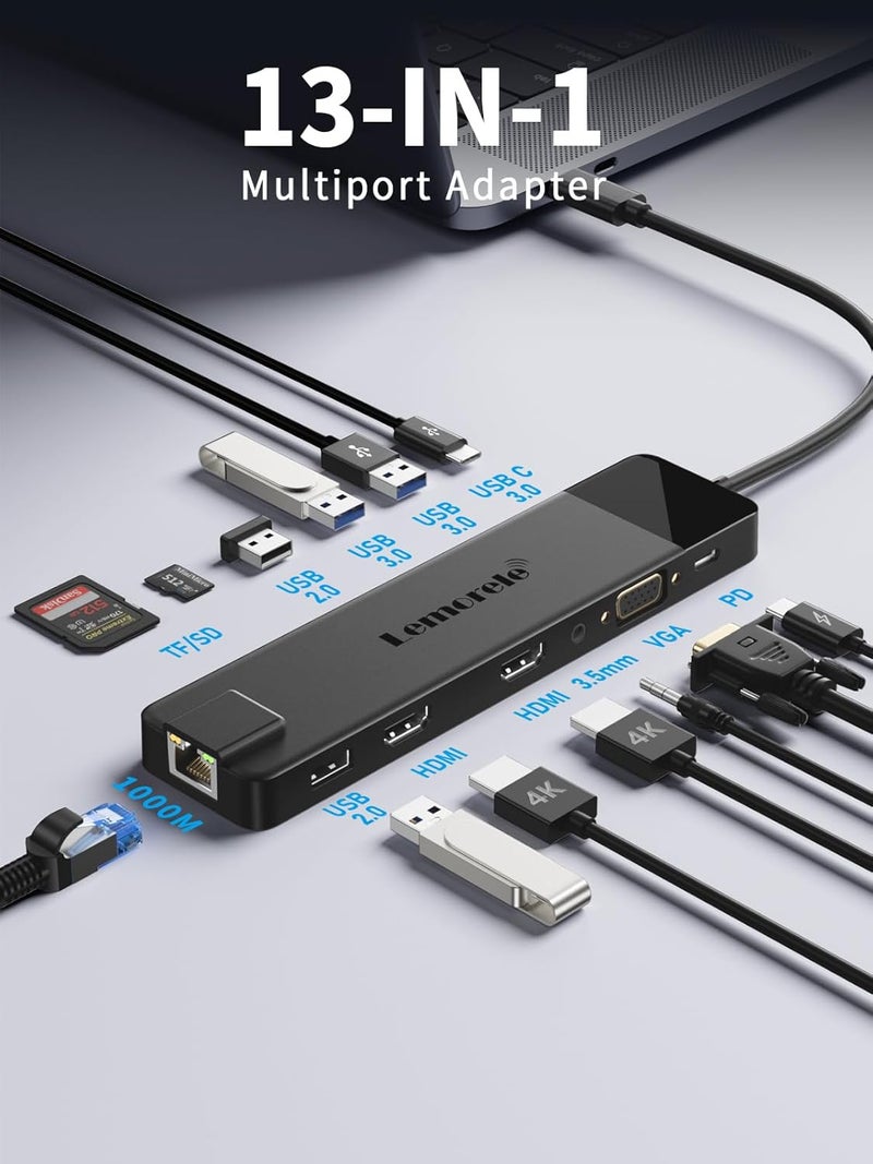 Lemorele محطة إرساء USB C 13 في 1 لشاشة ثلاثية، محول متعدد المنافذ مع HDMI مزدوج 4K، RJ45 1000M، VGA، 4 USB 3.0/2.0، USB C 3.0، 100W PD، SD/TF، صوت 3.5MM لأجهزة الكمبيوتر المحمولة من نوع C - Image 2
