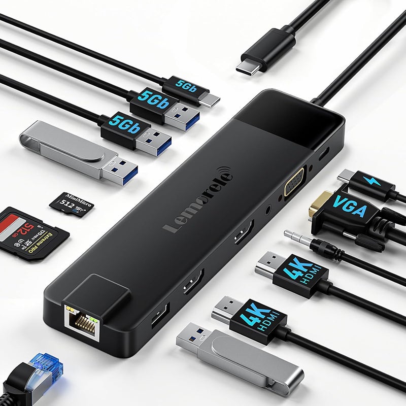 Lemorele محطة إرساء USB C 13 في 1 لشاشة ثلاثية، محول متعدد المنافذ مع HDMI مزدوج 4K، RJ45 1000M، VGA، 4 USB 3.0/2.0، USB C 3.0، 100W PD، SD/TF، صوت 3.5MM لأجهزة الكمبيوتر المحمولة من نوع C - Image 1