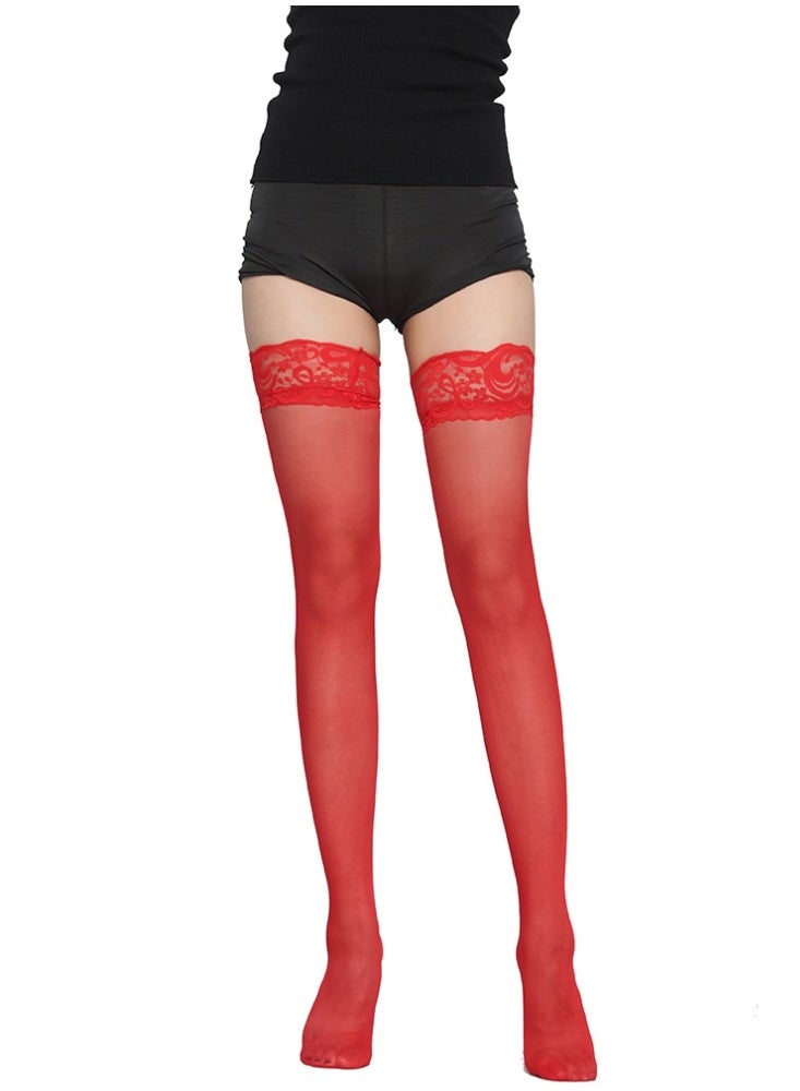 Layali Women Lace Top Thigh High Hold Up Stockings, Ultra Sheer Transparent Wide Lace Cuff Long Hosiery, High Stretch One Size Slimming Thigh Socks - Red - Image 1