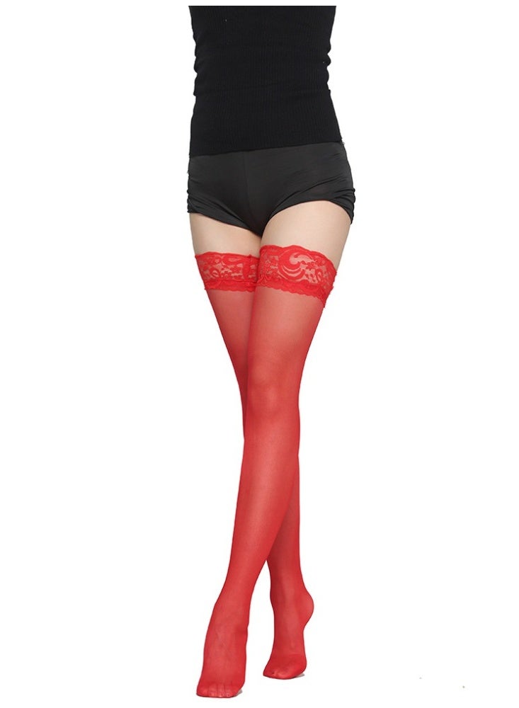 Layali Women Lace Top Thigh High Hold Up Stockings, Ultra Sheer Transparent Wide Lace Cuff Long Hosiery, High Stretch One Size Slimming Thigh Socks - Red - Image 2