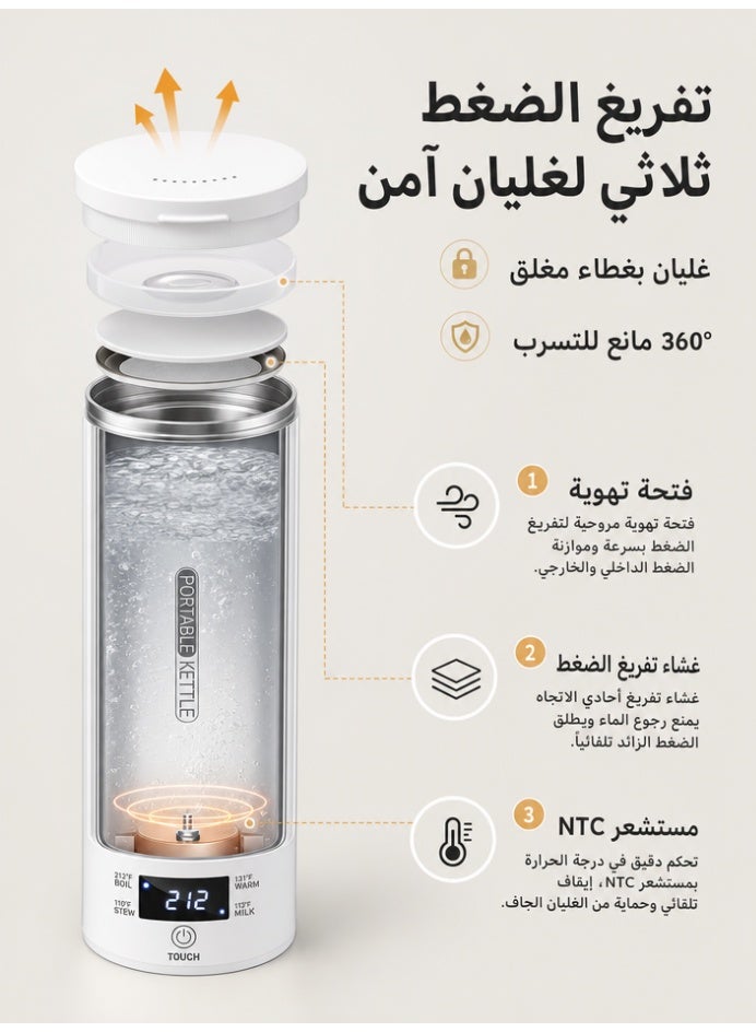 Portable Electric Kettle 500ml Travel Water Boiler 316 Stainless Steel Inner Liner 4-Level Temperature Control Close-Lid Heating Triple Pressure Relief Leak-Proof UK Plug 220V for Office Travel Baby Milk Tea Coffee - Image 3