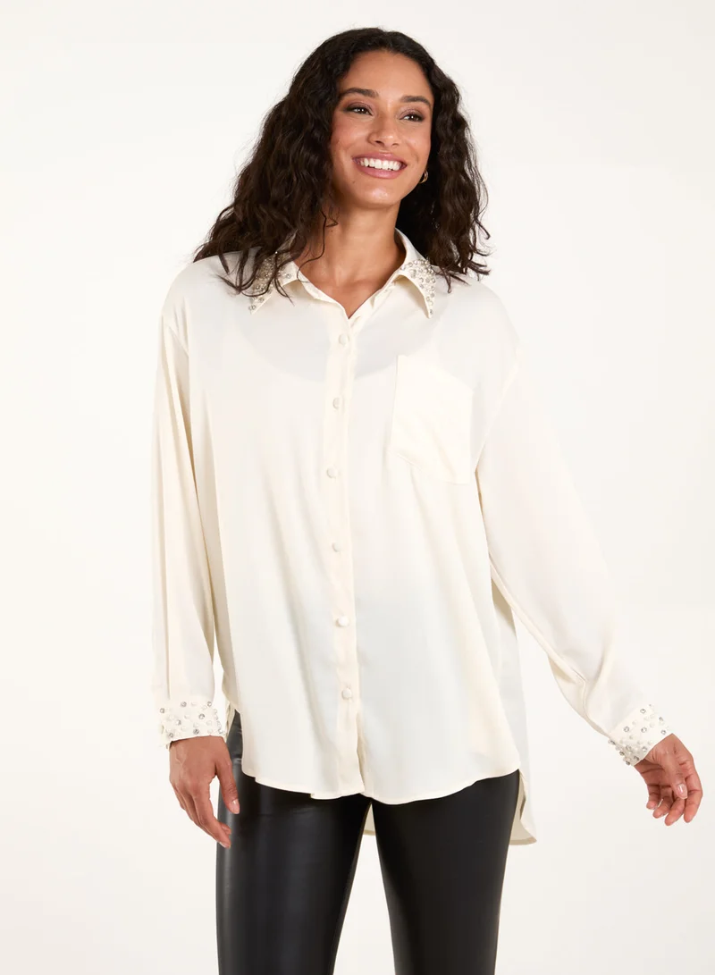 Blue Vanilla Embellished Collar &amp; Cuff Satin Shirt