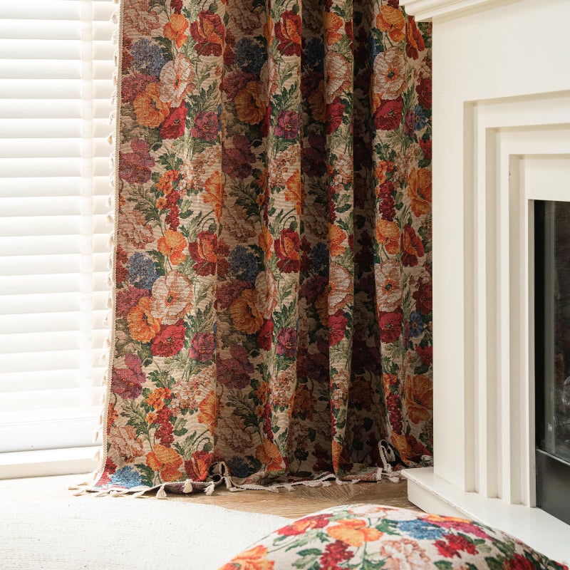 ENJOYBRIDAL Floral Curtains 84 Inches Long Semi Sheer Floor Length Drapes Bedroom Rod Pocket Jacquard 2 Panels Window Curtains Farmhouse Boho Tassel Patterned Living Room Botanical Window Treatments - Image 5