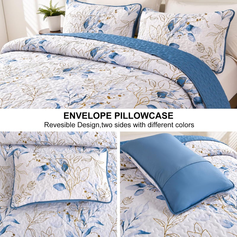 Anibedding Blue Quilt Set Queen,3 Pieces Reversible Elegant Blue Botanical Leaves Pattern Bedspread Coverlet Soft Microfiber Bed Cover for All Season(96"Ã—90") - Image 4