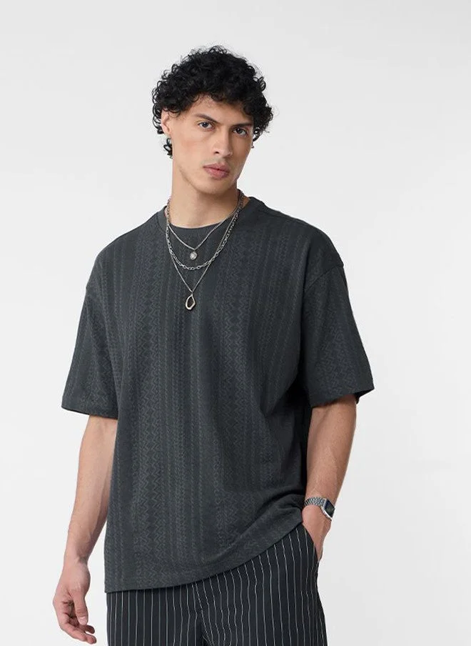 The Souled Store Men Oversized Textured Grey T-Shirt