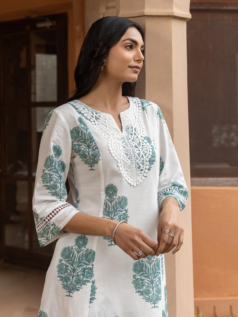 FIORRA Women's White Cotton Flared Kurta Set SET0183 - Image 4