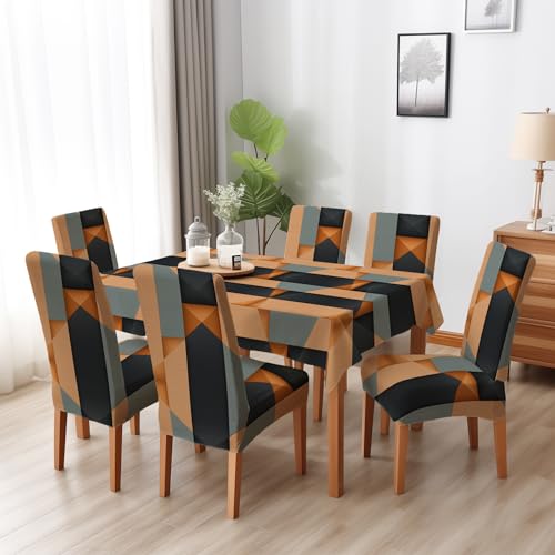 BRIDA® Polyester Spandex Stretchable Floral Geometric Printed Dining Chair Covers Elastic Chair Seat Case Protector, Slipcovers (6 Seater Table Cover + 6 Chair Cover, Camel Geometric) - Image 1