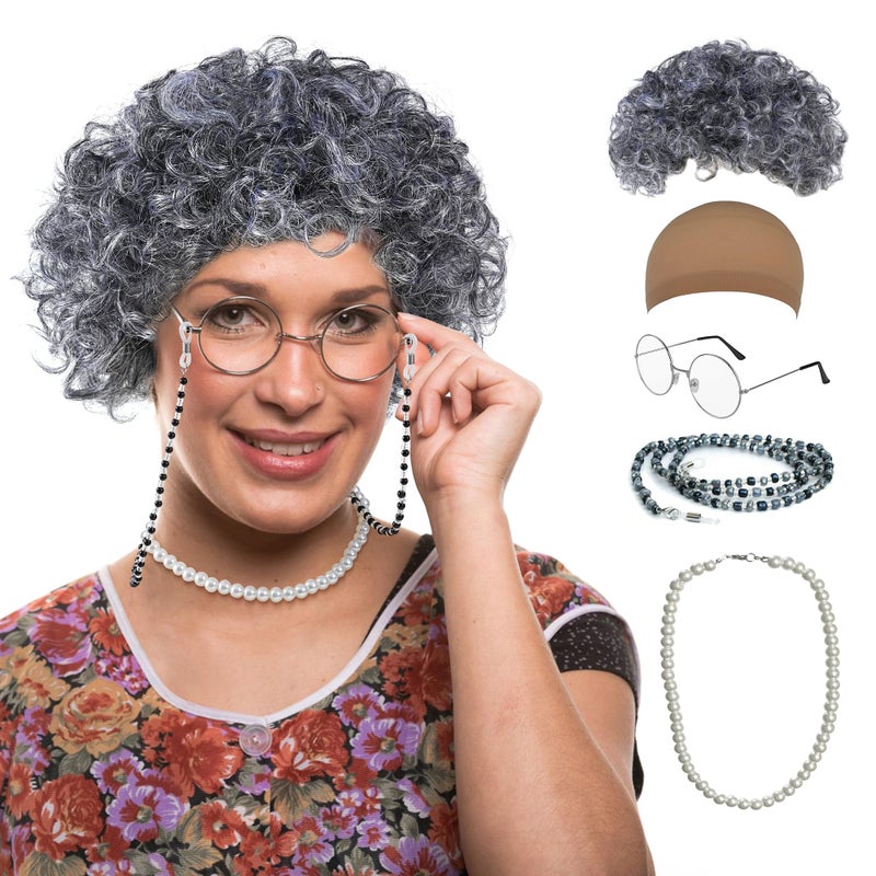 GenmeiFBH Old Lady Wig Costume Set,Gray Hair Grandma Wig,Granny Costume Set with Hair Cap,Glasses, Glasses Chain and Pearl Necklace, 5 Piece Set - Image 1
