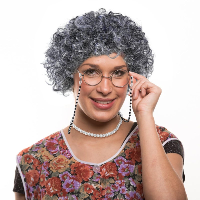 GenmeiFBH Old Lady Wig Costume Set,Gray Hair Grandma Wig,Granny Costume Set with Hair Cap,Glasses, Glasses Chain and Pearl Necklace, 5 Piece Set - Image 3