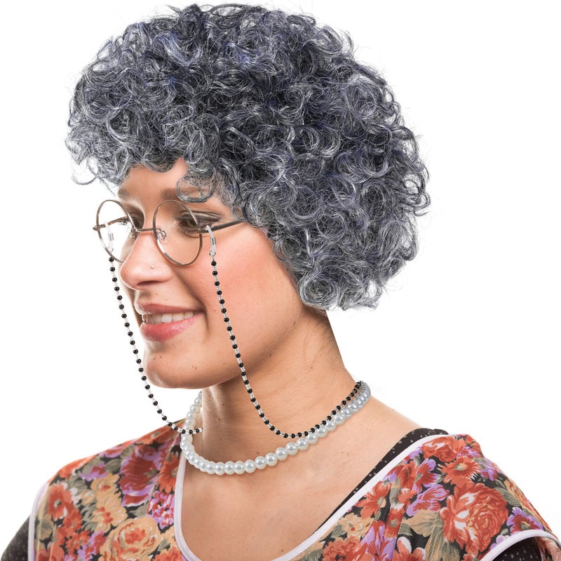 GenmeiFBH Old Lady Wig Costume Set,Gray Hair Grandma Wig,Granny Costume Set with Hair Cap,Glasses, Glasses Chain and Pearl Necklace, 5 Piece Set - Image 4