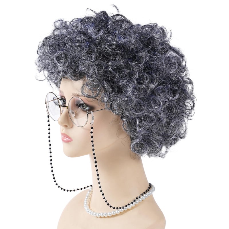 GenmeiFBH Old Lady Wig Costume Set,Gray Hair Grandma Wig,Granny Costume Set with Hair Cap,Glasses, Glasses Chain and Pearl Necklace, 5 Piece Set - Image 2