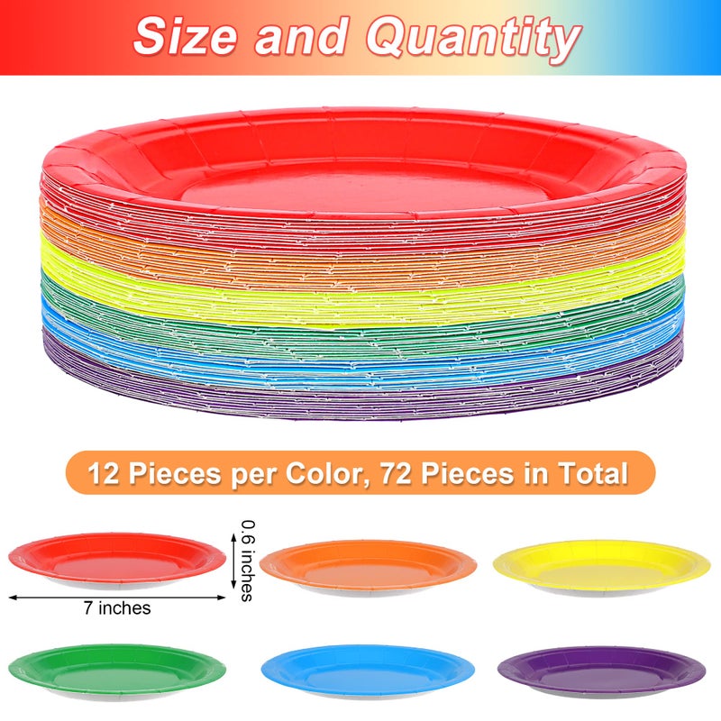 ADXCO Paper 72pcs 7inch Rainbow Plates  Waterproof  Durable  Disposable Party Supplies for Birthday  Picnic  Baby Shower  All Seasons  6 Colors - Image 2