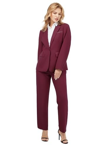 Kelyaa Women's 2 Piece Suit Notched Lapel One Button Slim Fit Business Office Work Tuxedo Blazer Pants Set Burgundy - Image 5