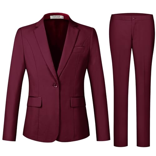Kelyaa Women's 2 Piece Suit Notched Lapel One Button Slim Fit Business Office Work Tuxedo Blazer Pants Set Burgundy - Image 3