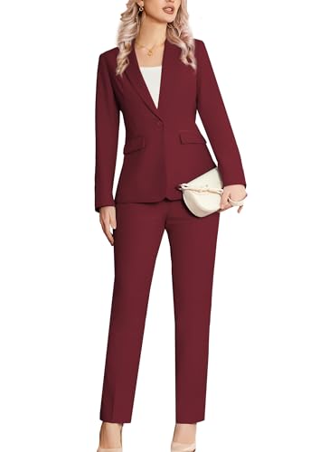 Kelyaa Women's 2 Piece Suit Notched Lapel One Button Slim Fit Business Office Work Tuxedo Blazer Pants Set Burgundy - Image 2