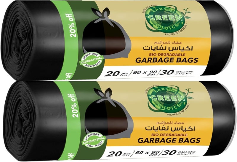 Earth Green Choice Black Trash Bags Rolls 60x90cm | 30 Gallon | 20 Bags Per Roll | Pack of 2 | Durable & Leak-Proof Garbage Bags | Eco-Friendly Waste Bin Liners - Image 1