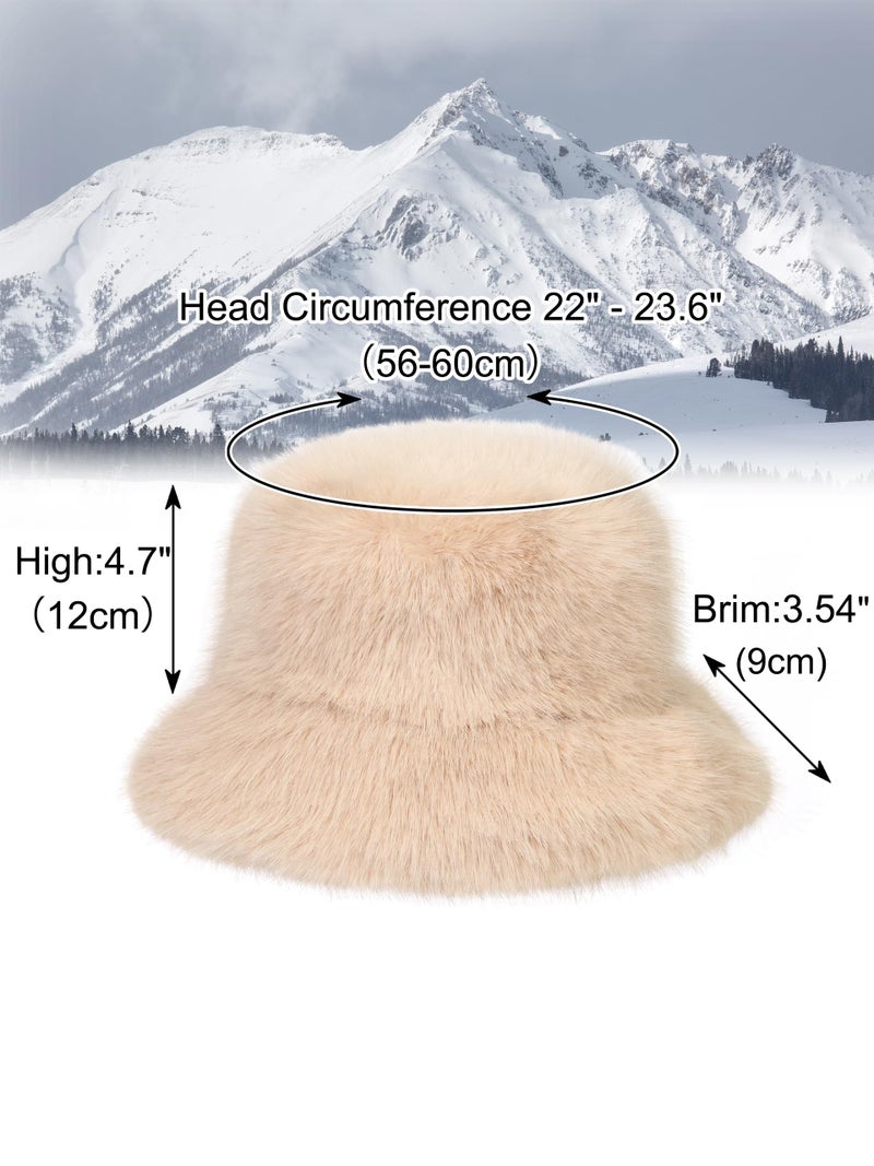 LA CARRIE Women's Fuzzy Wide Brim Polyester Bucket Hat Winter Warmer Fisherman Cap(Beige) - Image 3