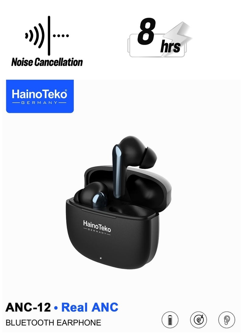 Haino Teko Haino Teko ANC-12 Real ANC Bluetooth Earphone With Active Noise Cancellation High Bass Sound Quality Super Clear Microphone and Easy Touch Controls Compatible iPhones and iPads Black  - Image 1