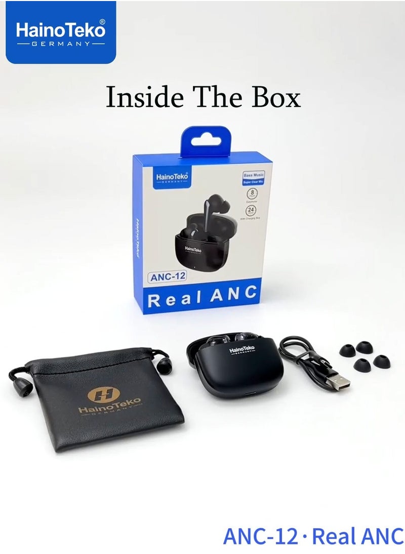 Haino Teko ANC-12 Real ANC Bluetooth Earphone With Active Noise Cancellation High Bass Sound Quality Super Clear Microphone and Easy Touch Controls Compatible iPhones and iPads Black