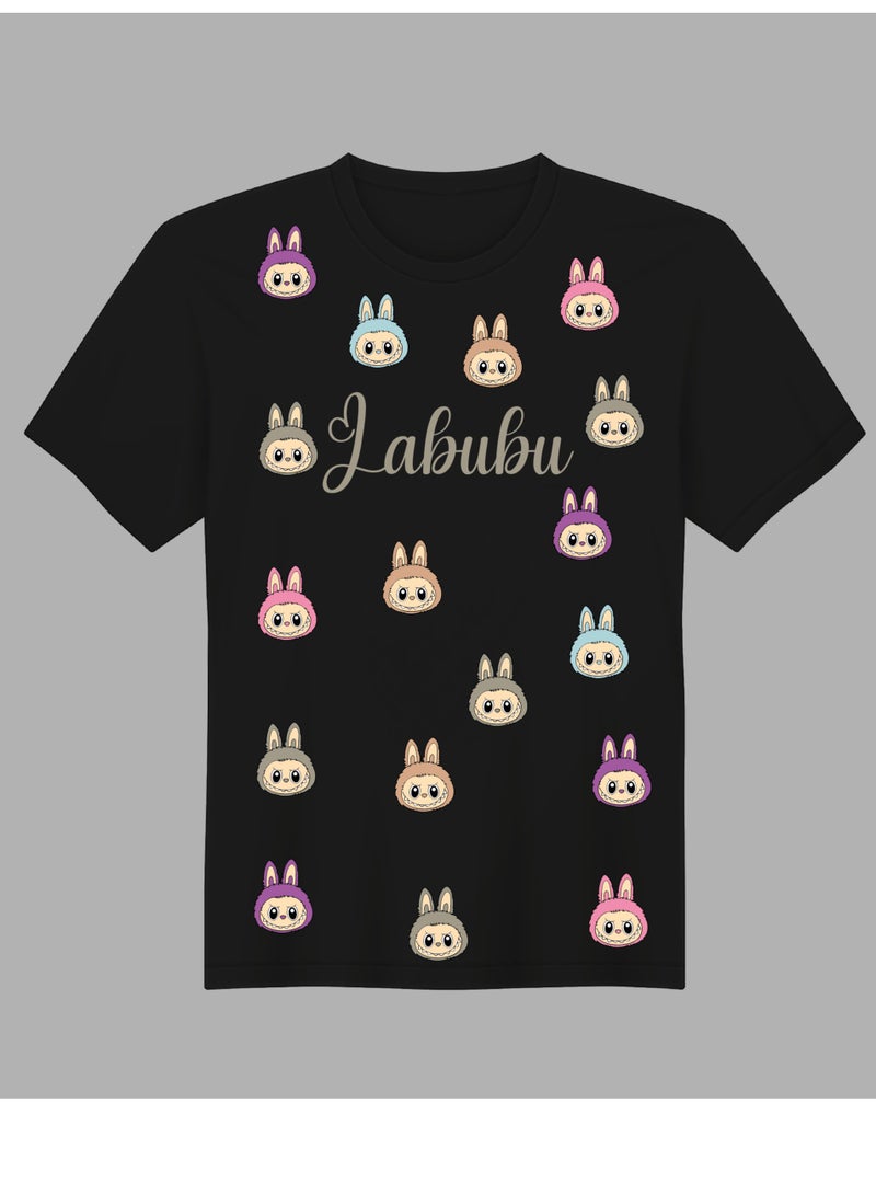 لابوبو تي شيرت LABUBU برسومات وجه إيموجي - بأكمام قصيرة، مناسب للجنسين، مناسب للارتداء الكاجوال، مصنوع من القطن الخالص، بتصميم لطيف وعصري، باللون الأسود