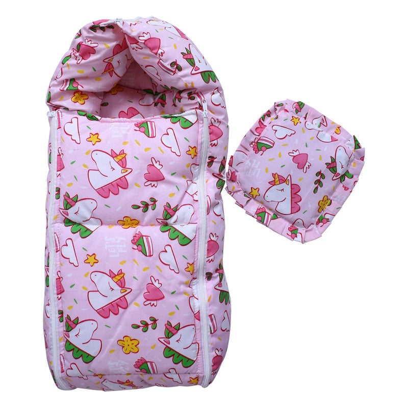 Nonibud Baby Cotton Sleeping Bed Cum Carrying Nest Bag with Mustard Seeds Rai Pillow # Large Size 77 Cms X 40 Cms # 0-9 Months- Baby Pink Unicorn Print - Image 1