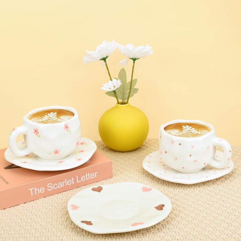 Koythin Ceramic Coffee Mug with Saucer Set, Cute Pink Small Flower Cup Unique for Office and Home, 10 oz/300 ml for Latte Tea Milk - Image 4