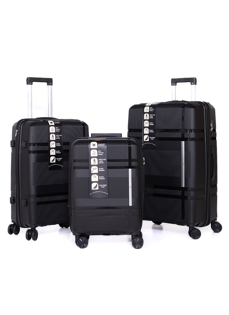 H.T H.T Luggage Bag Set of 3 Pcs, Hard Case Polypropylene (PP) Material, Matching Color Suitcases, 8x360 Degree Spinner Wheels, Expandable Trolley Bag, Telescopic Handle, TSA Lock, SKU HT6939 - Black  - Image 1