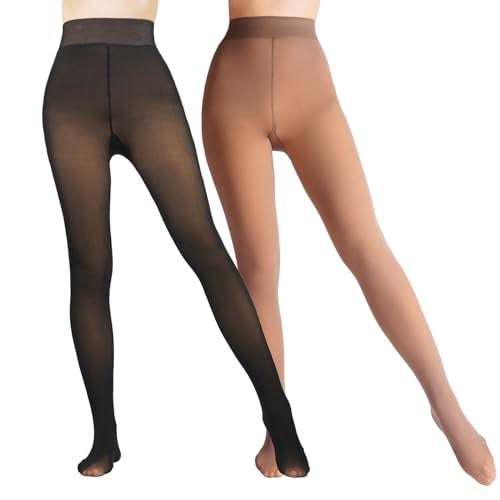 Caprilite 2 Pairs Women Fleece Lined Tights-Fake Translucent Leggings High Waist Pantyhose Sheer Thick Warm Tights For Women - Image 1