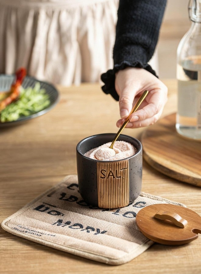 YHOJOY Salt Container for Countertop, Ceramic Salt Cellar with Lid & Spoon, Farmhouse Salt Bowl, 10 OZ, Black - Image 4