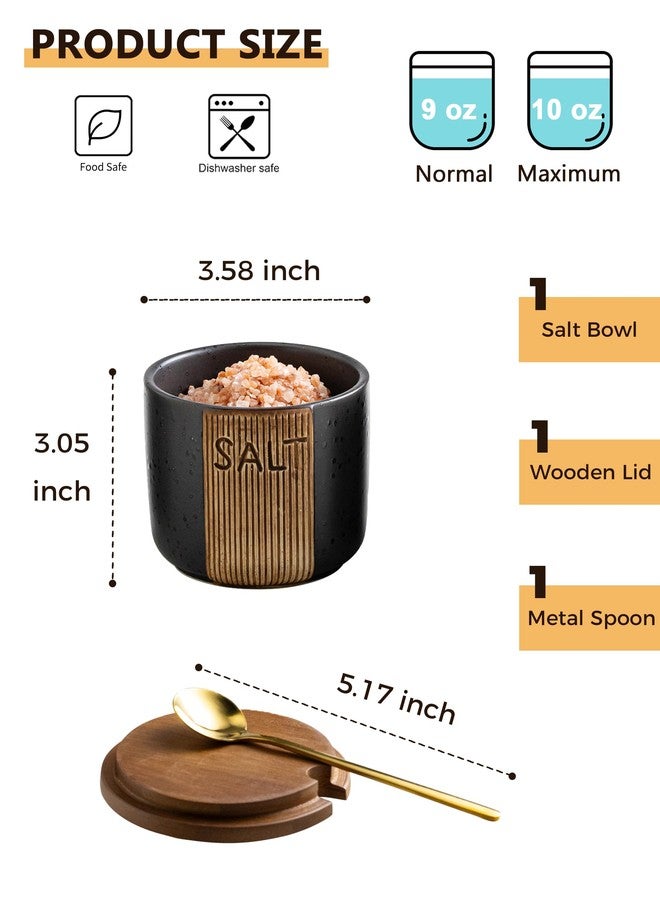 YHOJOY Salt Container for Countertop, Ceramic Salt Cellar with Lid & Spoon, Farmhouse Salt Bowl, 10 OZ, Black - Image 2