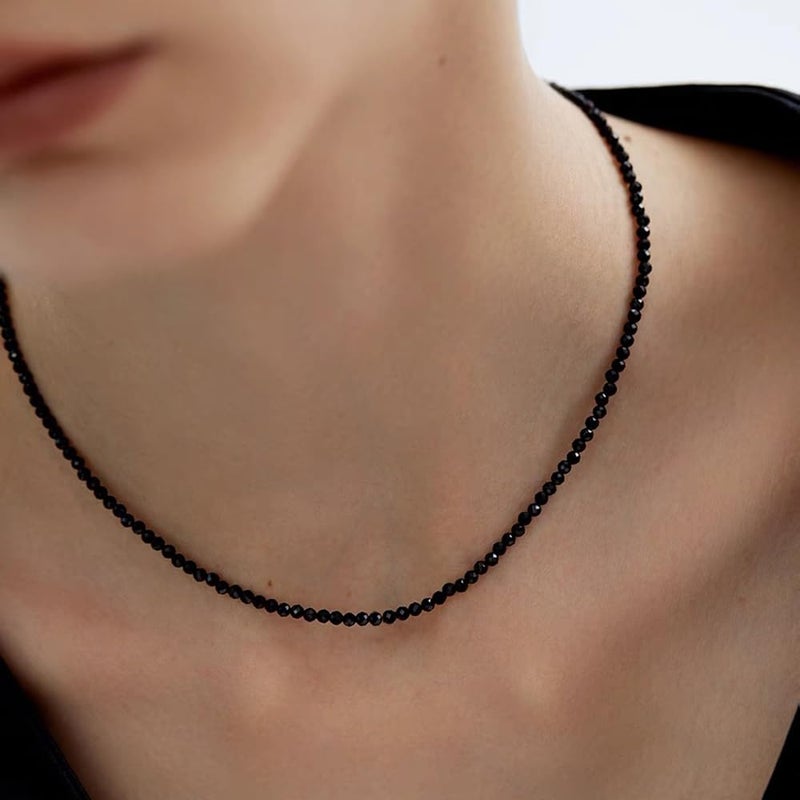 VOPIPO Dainty Black Spinel Beaded Choker Necklace for Women Trendy Natural Shiny 3mm Black Agate Crystal Stone Necklace 18k Gold Plated Chain Adjustable Cute Necklace Jewelry for Teen Girls Gifts - Image 4