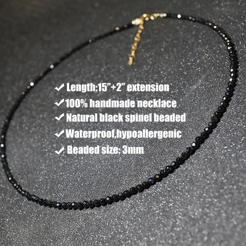 VOPIPO Dainty Black Spinel Beaded Choker Necklace for Women Trendy Natural Shiny 3mm Black Agate Crystal Stone Necklace 18k Gold Plated Chain Adjustable Cute Necklace Jewelry for Teen Girls Gifts - Image 2