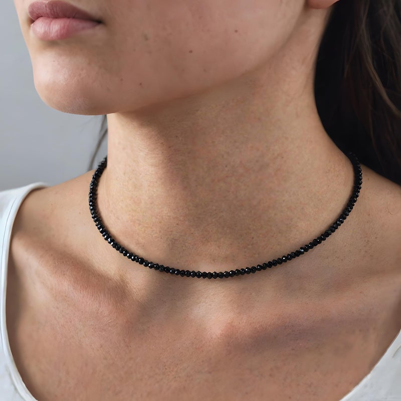 VOPIPO Dainty Black Spinel Beaded Choker Necklace for Women Trendy Natural Shiny 3mm Black Agate Crystal Stone Necklace 18k Gold Plated Chain Adjustable Cute Necklace Jewelry for Teen Girls Gifts - Image 3