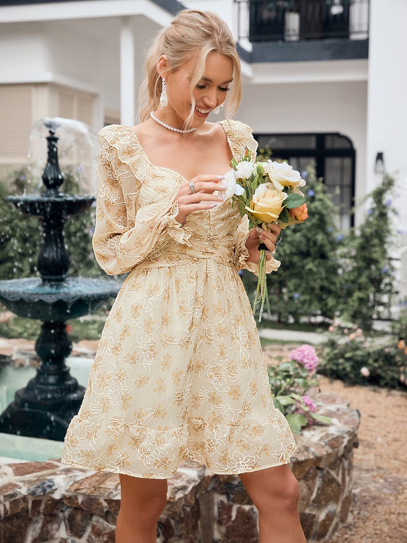 SIMPLEE V Neck Puff Long Sleeve Printed Mini Dress, Ruched Flared Skirt, Countryside Floral Short Dress - Image 5