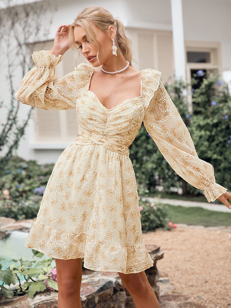 SIMPLEE V Neck Puff Long Sleeve Printed Mini Dress, Ruched Flared Skirt, Countryside Floral Short Dress - Image 3