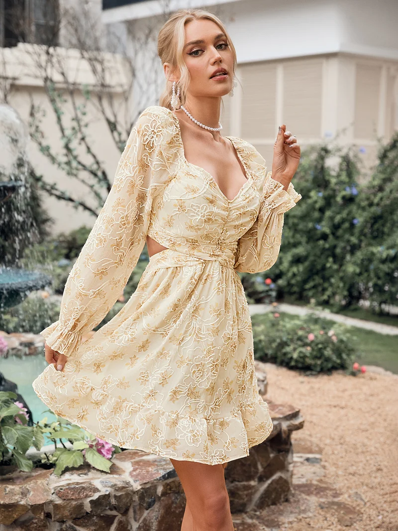 Simplee V Neck Puff Long Sleeve Printed Mini Dress, Ruched Flared Skirt, Countryside Floral Short Dress