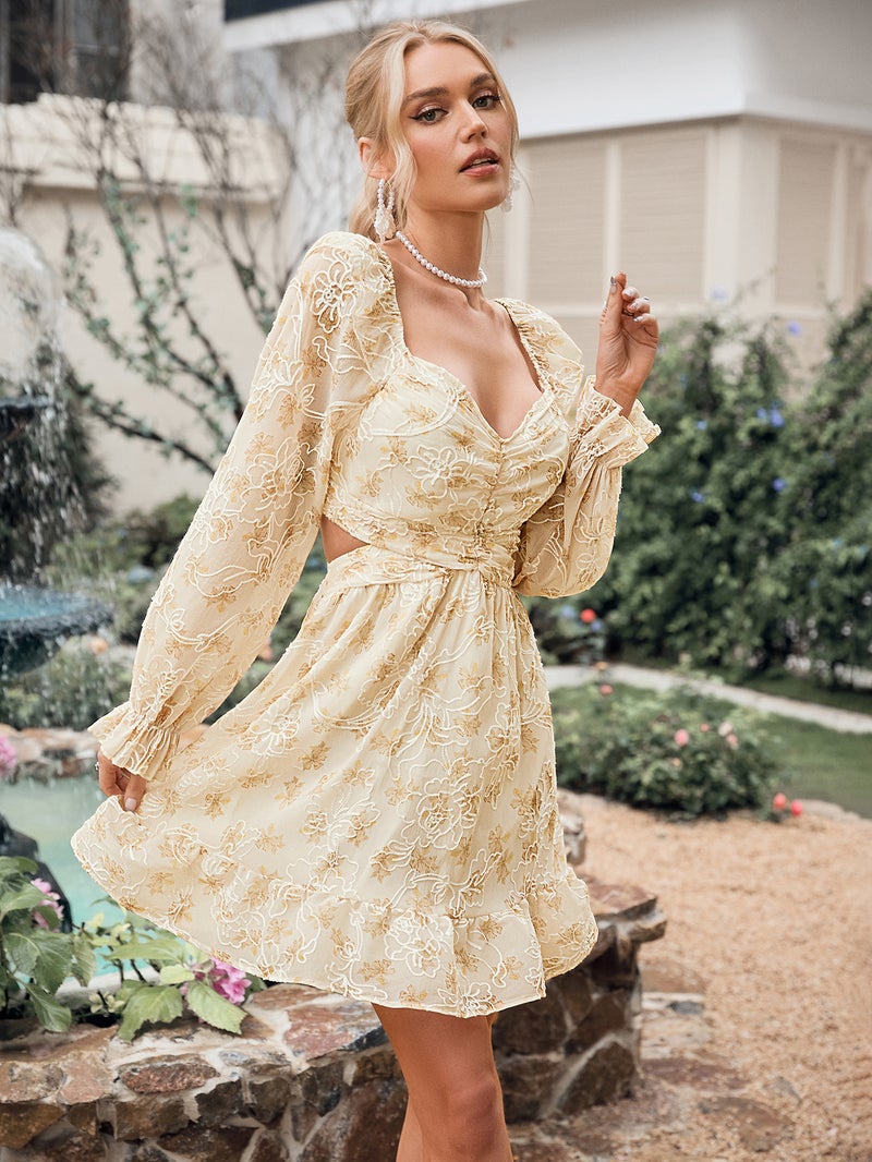 SIMPLEE V Neck Puff Long Sleeve Printed Mini Dress, Ruched Flared Skirt, Countryside Floral Short Dress - Image 2