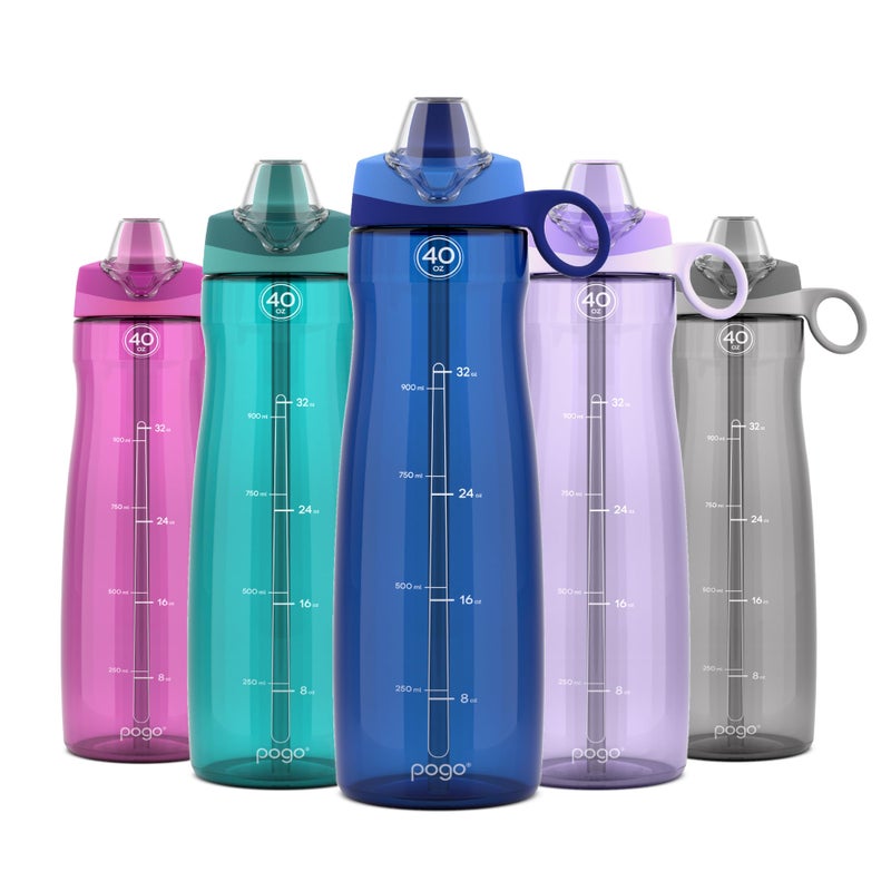 Pogo BPA-Free Tritan Plastic Water Bottle with Soft Straw, 40 Oz, Blue - Image 1