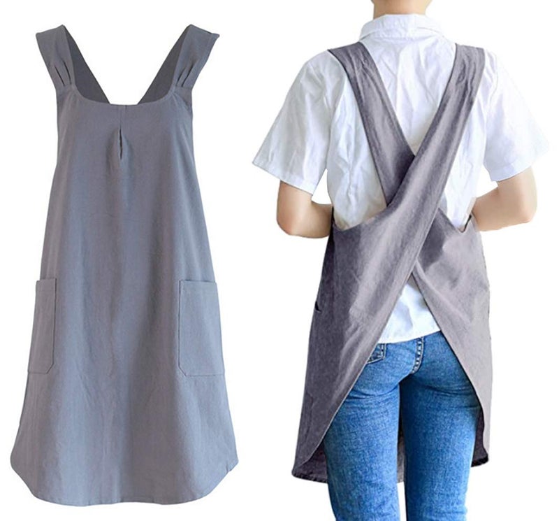 losofar Soft Cotton Linen Apron Cross Back X-Shaped Japanese Style Pinafore Dress for Cooking, Housewarming, Daily Chores (grey, (28.3"x 35.4")) - Image 1