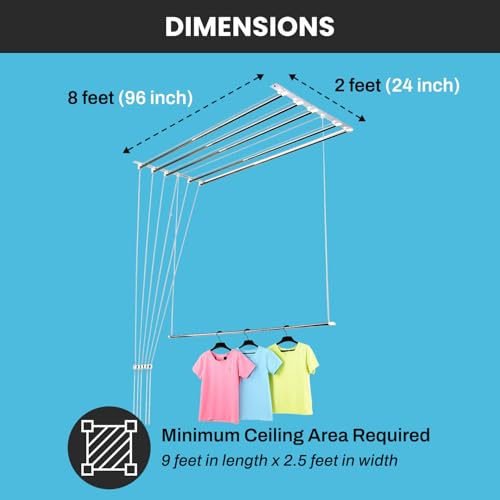 Skywave Luxury Heavy Rust Proof Stainless Steel 6 Pipe X 8 Feet with UV Protected Nylon Ropes Individual dropdown Ceiling Cloth Dryer Stand | Cloth Drying Stand for Balcony - Image 3