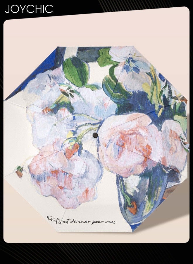 Joychic مظلة سفر مزودة بحماية من الأشعة فوق البنفسجية UPF 50+ مضادة للرياح ومقاومة للماء بطباعة زهور ثلاثية الطيات للنساء متعددة الألوان - Image 4