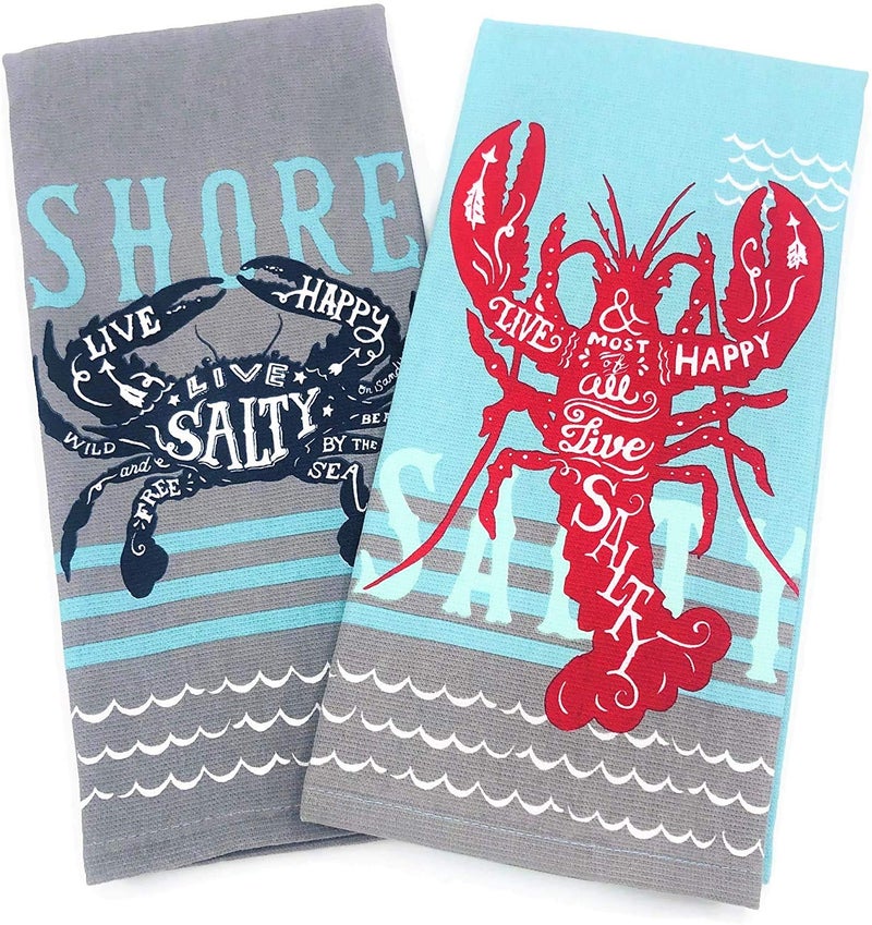 Kay Dee Designs Live Salty Lobster  Crab Kitchen Towels Dishtowel Set for Cleaning Drying Polishing and Baking
