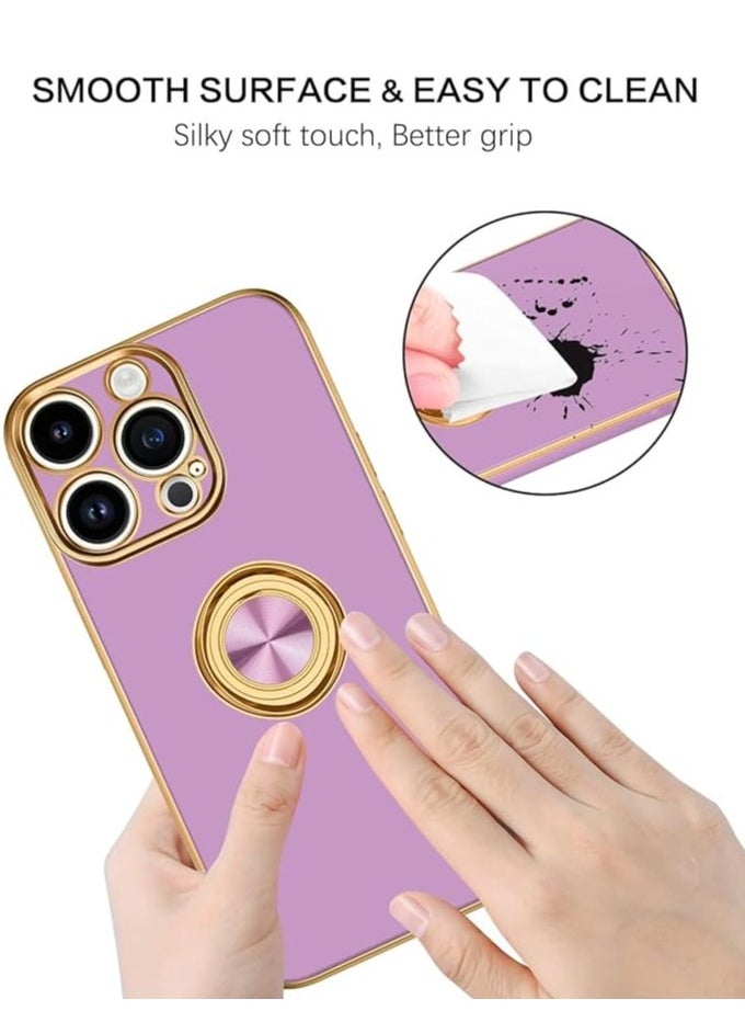 YoYoTech iPhone 15 Pro Soft Silicon Shockproof Luxury Gold Lining Case Rotatable Magnetic Ring Holder Kickstand Cover Full Camera Protection.(Light Purple)  - Image 5