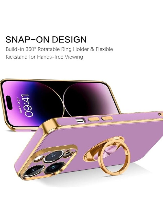 YoYoTech iPhone 15 Pro Soft Silicon Shockproof Luxury Gold Lining Case Rotatable Magnetic Ring Holder Kickstand Cover Full Camera Protection.(Light Purple)  - Image 3