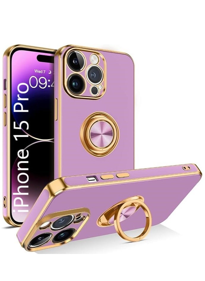 YoYoTech iPhone 15 Pro Soft Silicon Shockproof Luxury Gold Lining Case Rotatable Magnetic Ring Holder Kickstand Cover Full Camera Protection.(Light Purple)  - Image 1
