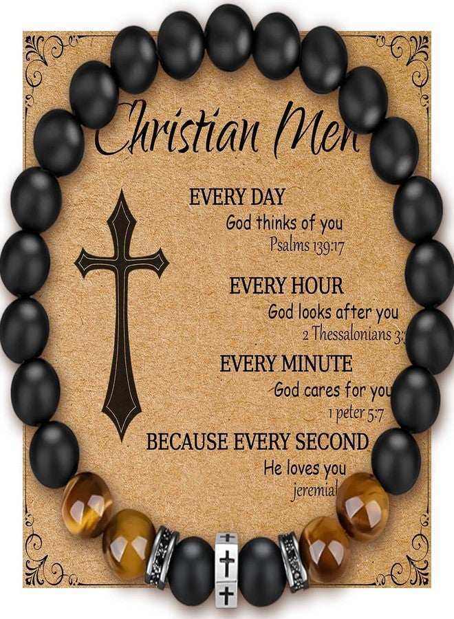 Flybar Christian men’s bracelet tiger eye cross jewelry religious beaded 8mm black bracelet men’s accessory (CM01 M Christian Men, M (6.6"-7.5")) - Image 1