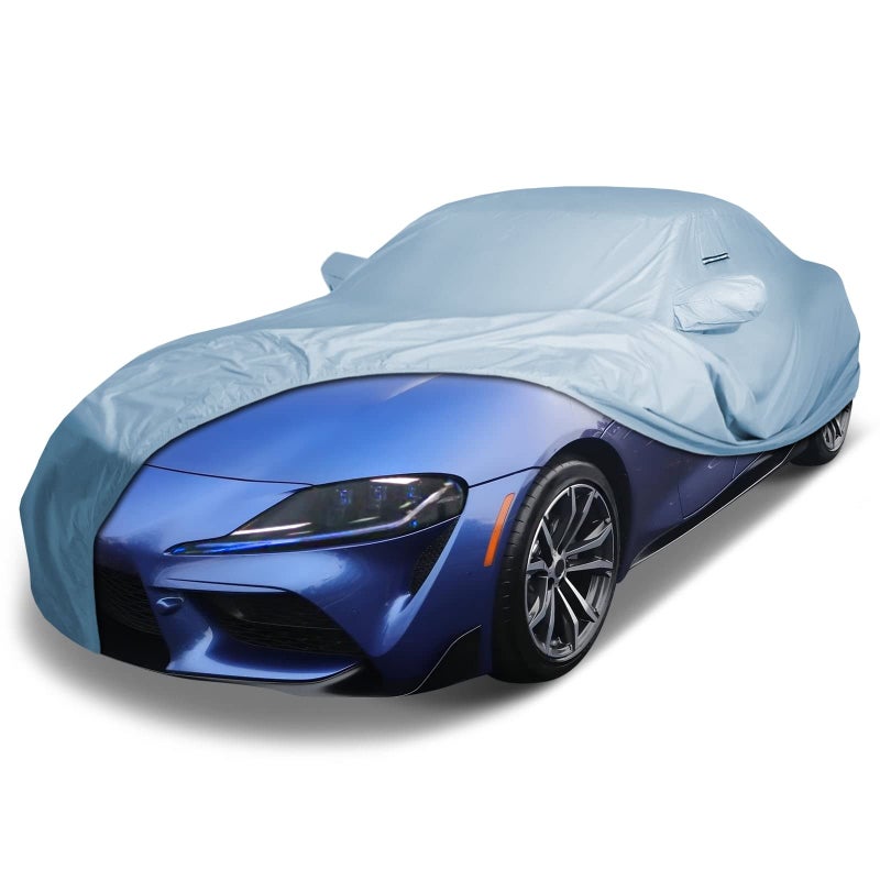 غطاء سيارة مخصص iCarCover لسيارة تويوتا GR Supra 2020-2025 مقاوم للماء لجميع الأحوال الجوية، حماية من المطر والثلج والأشعة فوق البنفسجية، غطاء خارجي كامل مقاوم للعوامل الجوية، داخلي وخارجي مع حزام